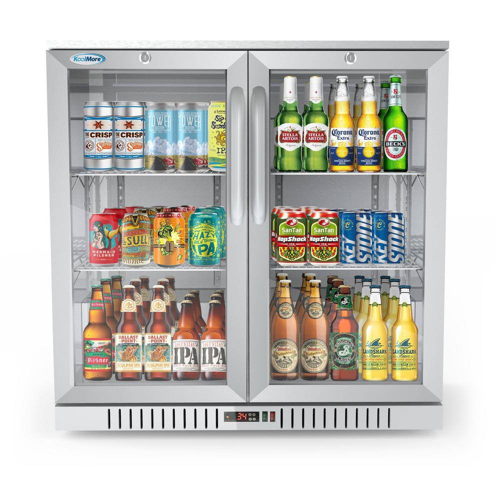 Koolmore 35 in. W 7.4 cu. ft. 2-Glass Door Counter Height Back Bar Cooler Refrigerator with LED Lighting in Black CT35-2S-SS