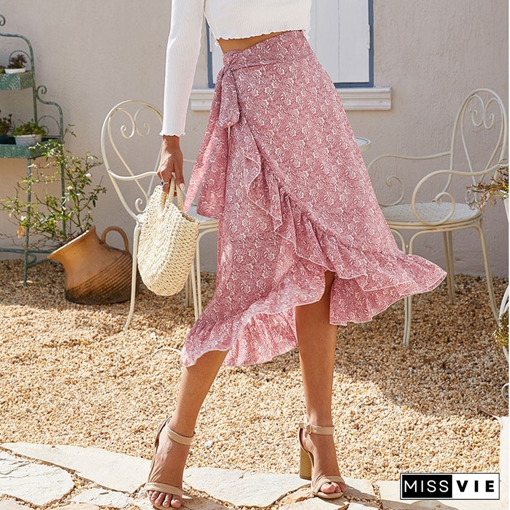 Summer Floral Print Midi Skirts Women High Waist Chiffon Bohemian Skirt Ladies Elegant Lace Up Ruffles Irregular Split Skirt