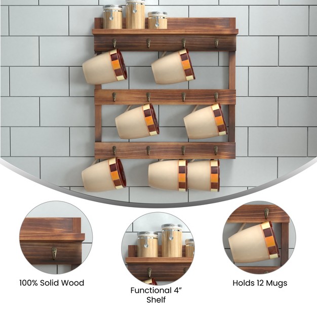 Emma And Oliver Wall Mounted Mug Rack With 12 Coffee Cup Hangers And Built in Shelf For Coffee Sugar amp More