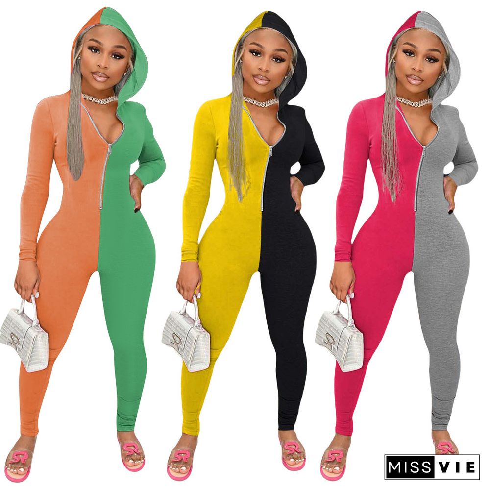 Sexy Colorblock Sweatshirt Long Sleeve Hooded Jumpsuit