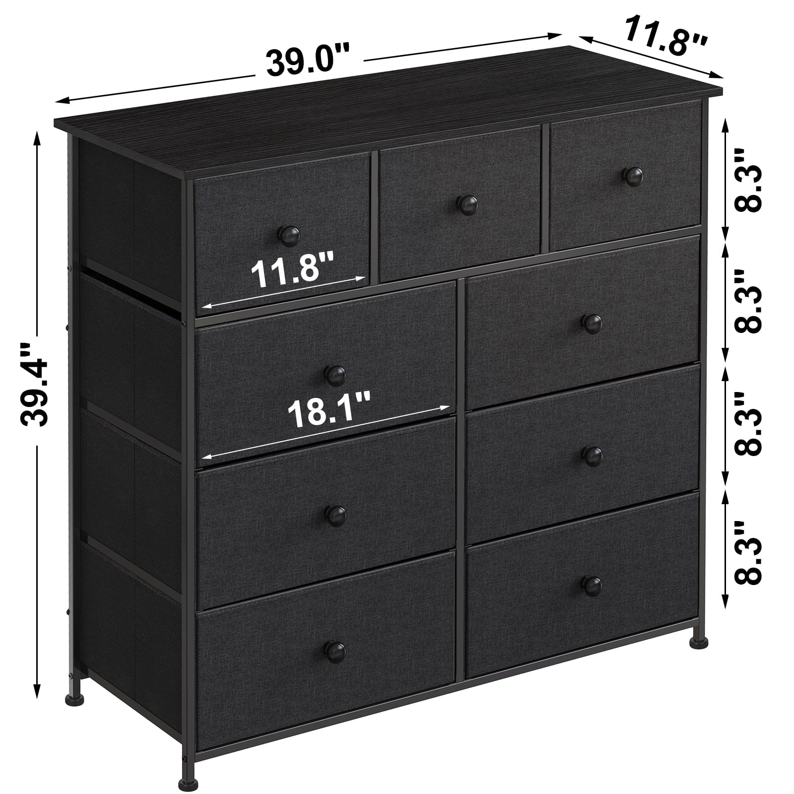 REAHOME Dressers for Bedroom of 9 Drawer Chest of Drawers Closets Black Dresser Large Capacity Organizer Tower Steel Frame Wooden Top YLZ9B6