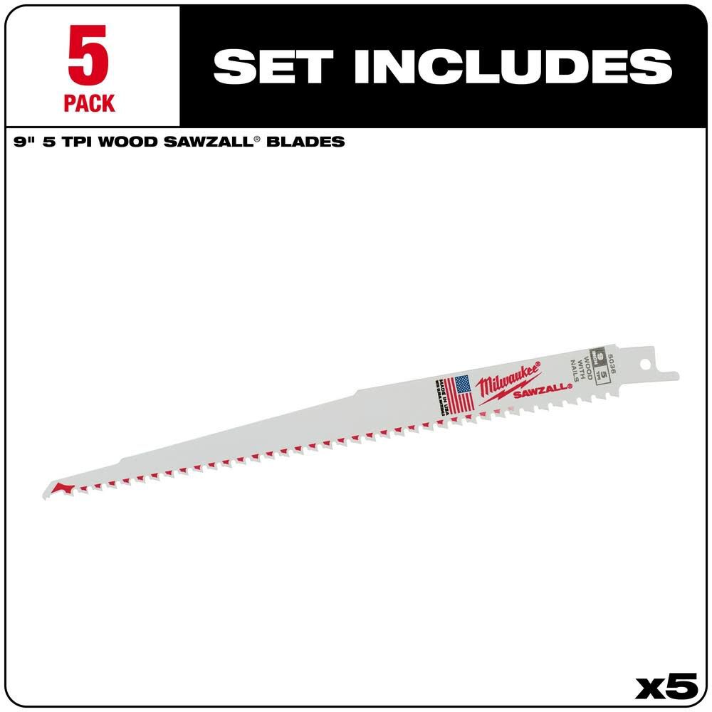 Milwaukee 9 in. 5 TPI SAWZALL Blades 5PK 48-00-5036 from Milwaukee