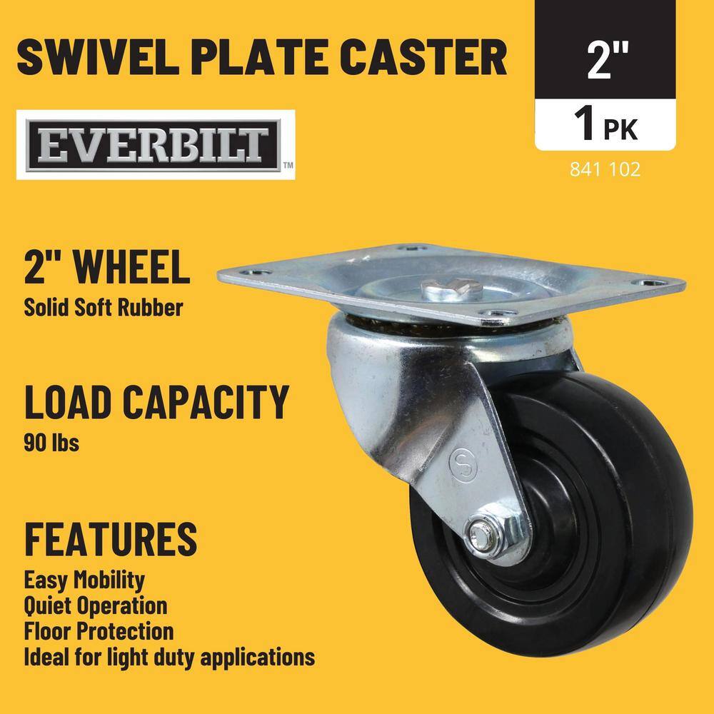 Everbilt 2 in. Black Soft Rubber and Steel Swivel Plate Caster with 90 lb. Load Rating 49477