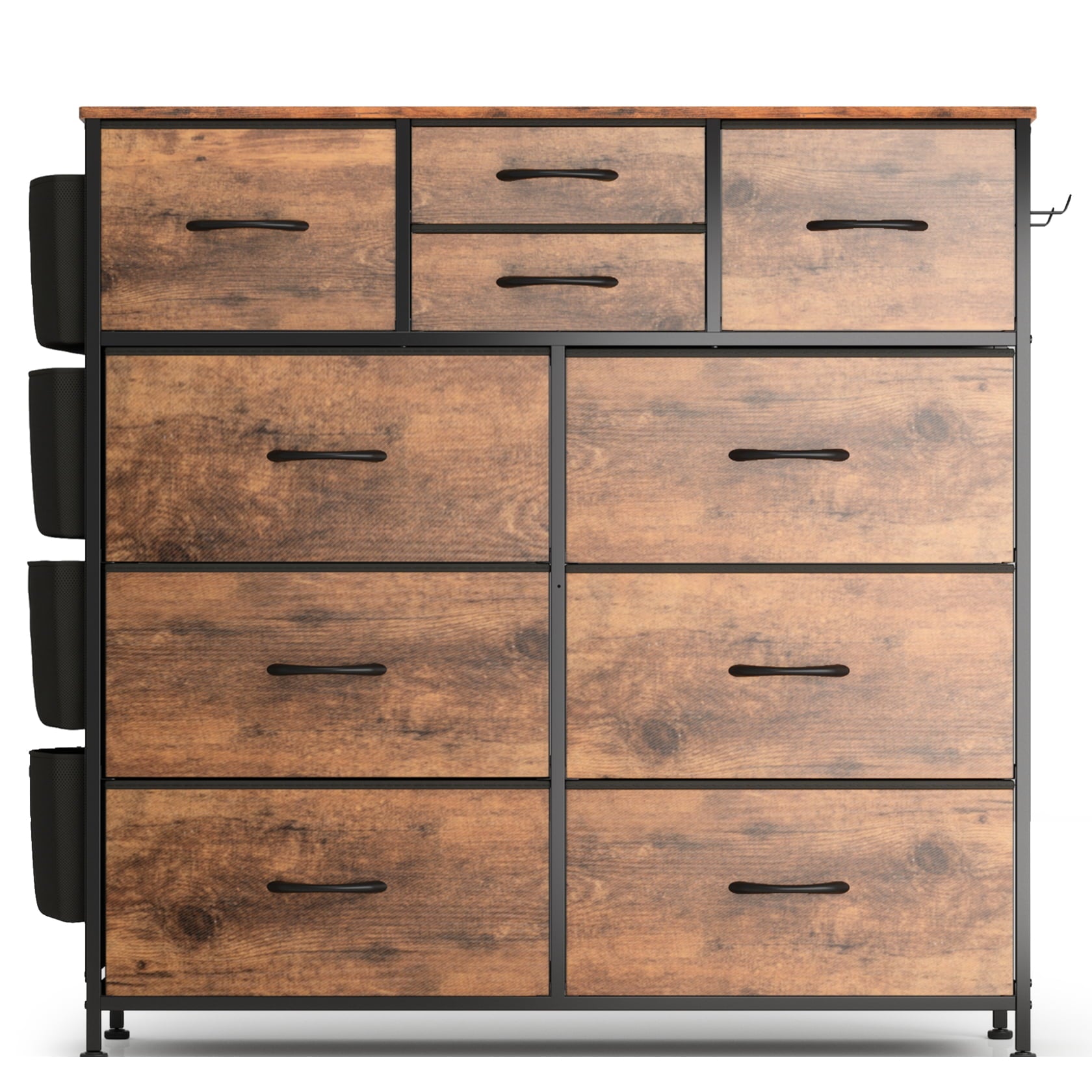 Lulive 10 Drawer Dresser, Chest of Drawers for Bedroom with Side Pockets and Hooks Fabric Storage Dresser Sturdy Steel Frame Wood Top Organizer Unit for Hallway Closet (Brown)