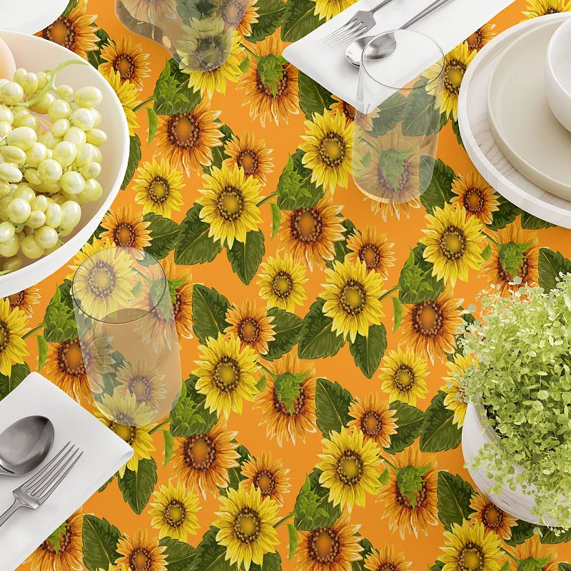 Square Tablecloth， 100% Polyester， 60x60， Sunflowers on Orange Background