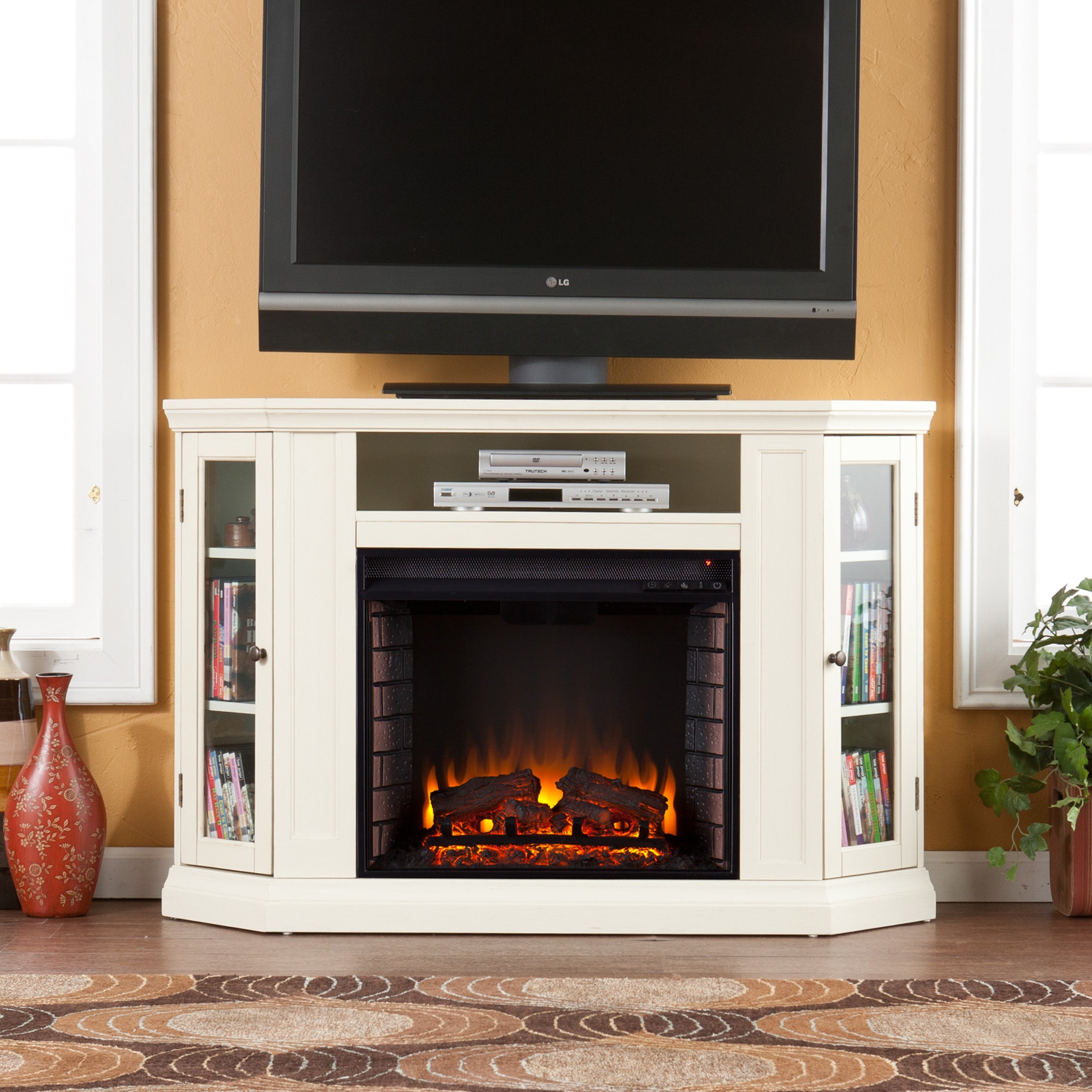 SEI Clarrie Transitional style Convertible Media Electric Fireplace in Ivory Finish