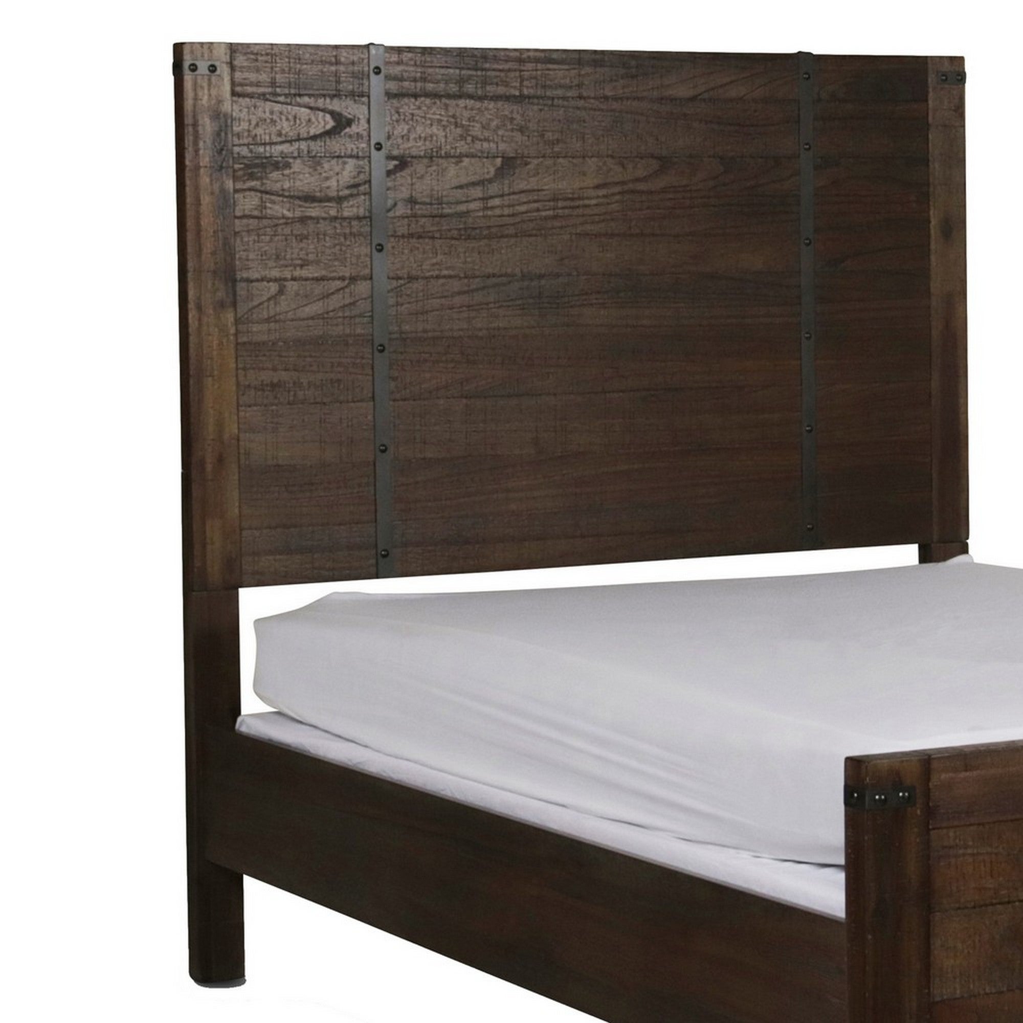 Queen Size Plank Style Headboard with Metal Strips and Rivet Accents， Brown - - 31575553