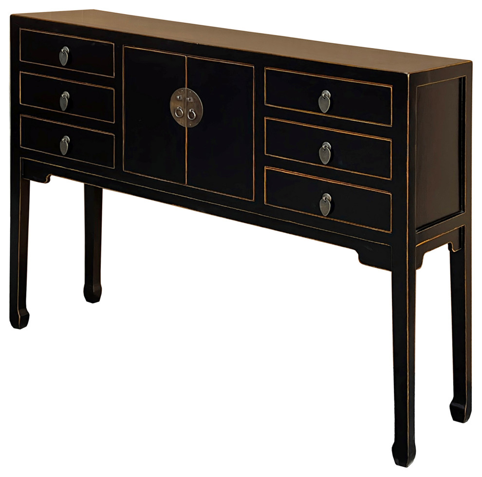 Oriental Black Lacquer Tall Moon Face 6 Drawers Slim Foyer Table Hcs7567   Asian   Console Tables   by Golden Lotus Antiques  Houzz