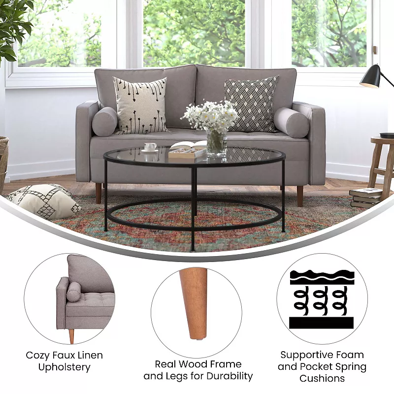 Emma and Oliver Holden Upholstered Mid-Century Modern Pocket Spring Loveseat with Wooden Legs and Removable Back Cushions