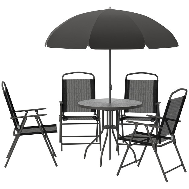 Outsunny 6 Piece Patio Dining Set For 4 With Umbrella 4 Folding Dining Chairs amp Round Glass Table For Garden Backyard And Poolside