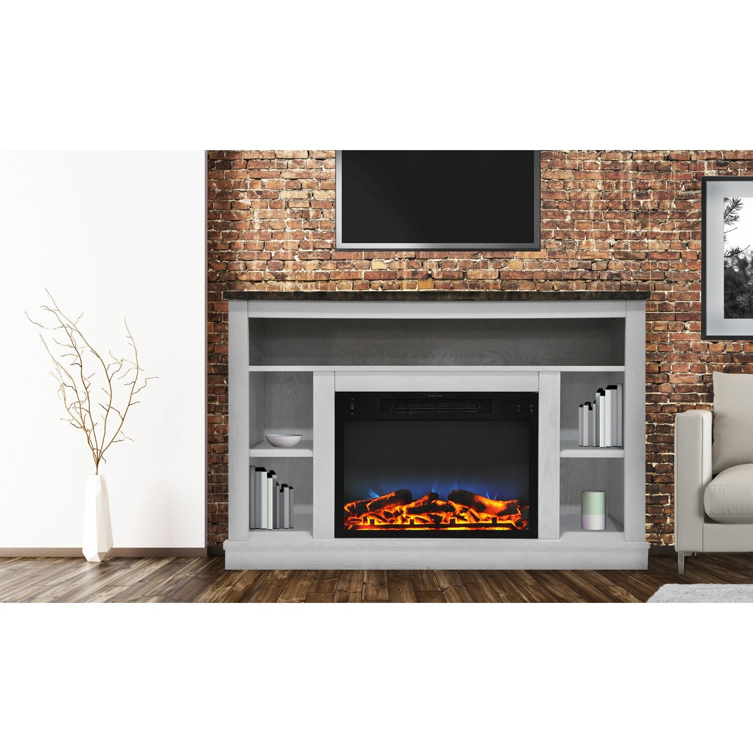 Cambridge Seville 47'' Freestanding Electric Multi-Color LED Fireplace with Log Insert and Remote | White Mantel | For Rooms up to 210 Sq.Ft. | Adjustable Heat Settings | Timer