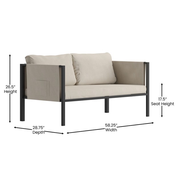 Emma And Oliver Indoor Outdoor Patio Loveseat Steel Framed Club Chair With Cushions And 2 Storage Pockets