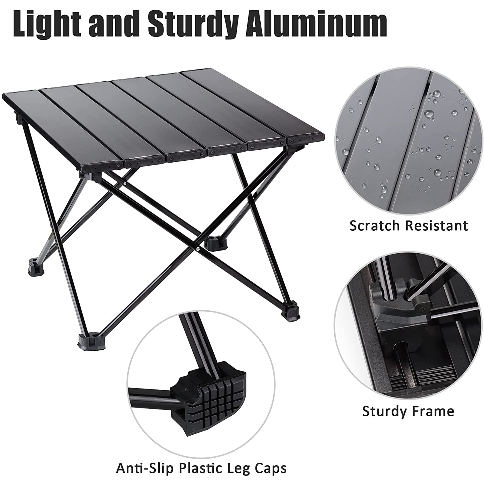 Folding Camping Table Portable Camping Side Tables with Aluminum Table Top with Carrying Bag， Lightweight Waterproof Fold Up Table for Picnic Camp Beach Outdoor BBQ Cooking， Beach Tables Black - M