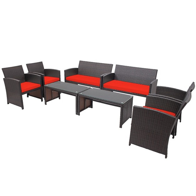 Tangkula 8pcs Outdoor Patio Furniture Sets Weather resistant Rattan Sofas W Soft Cushion Red