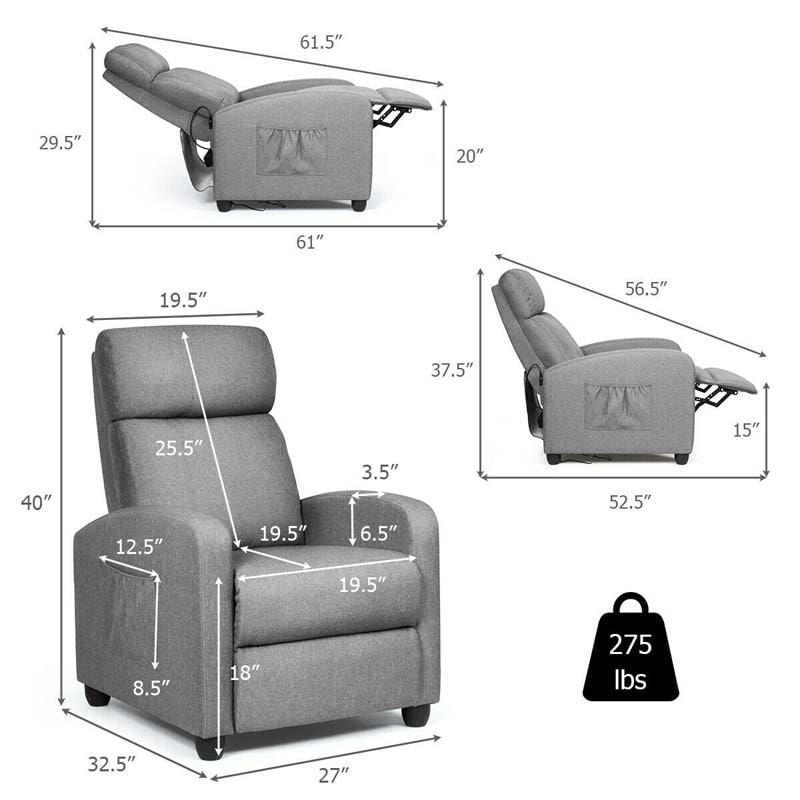 PU Leather Massage Recliner Sofa Modern Recliner Chair Winback Single Sofa with Side Pocket