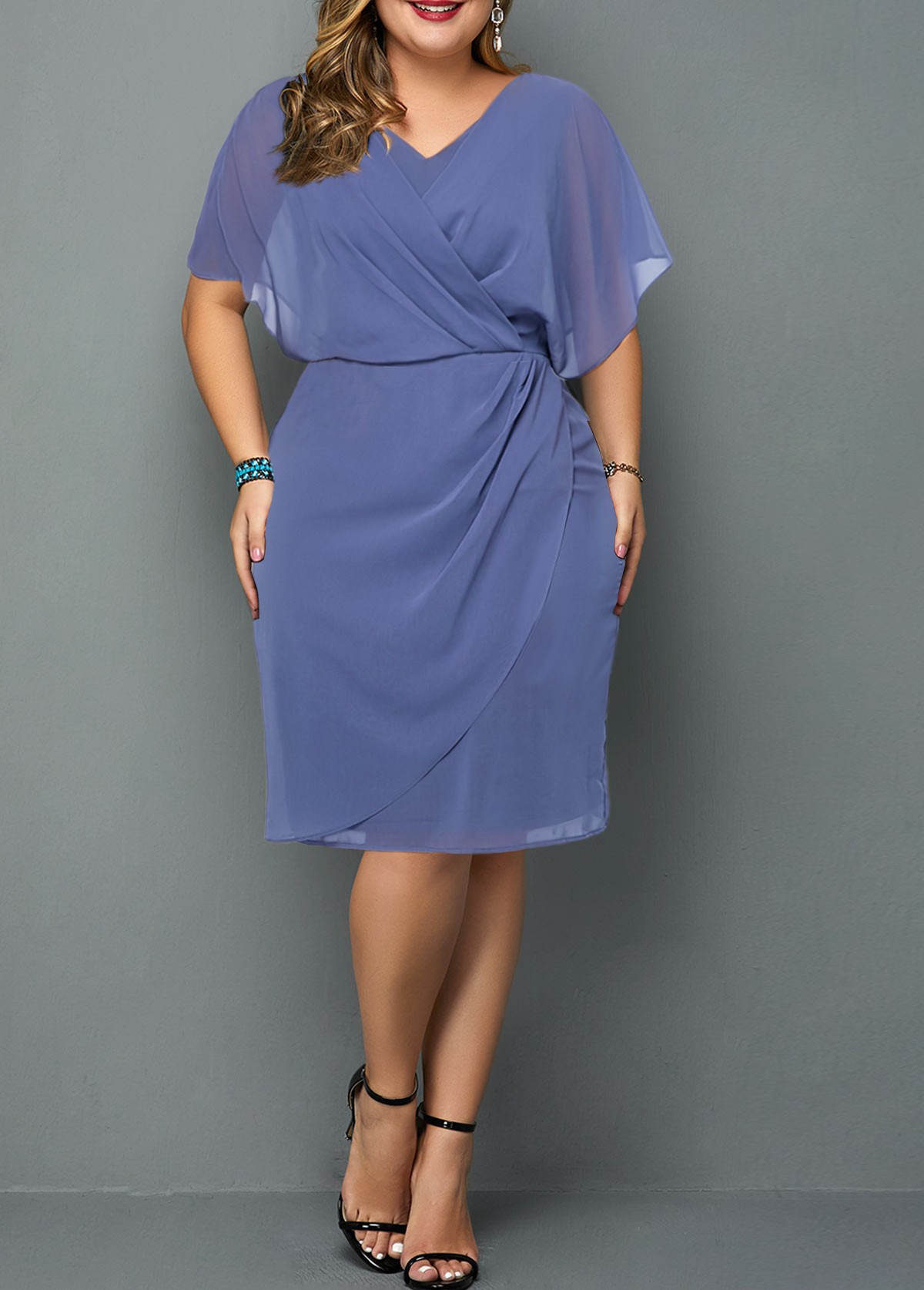 Dusty Blue V Neck Short Sleeve Dress