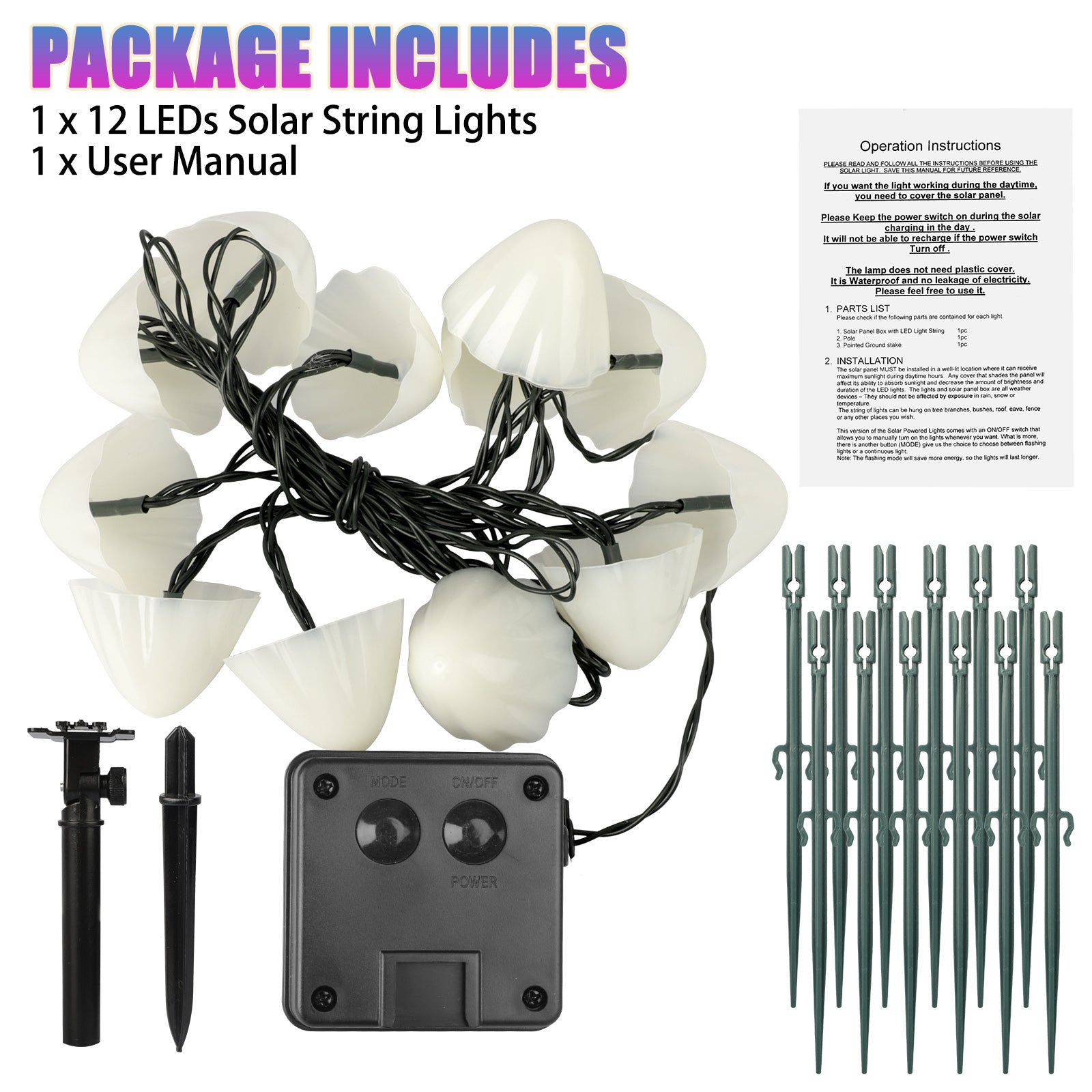 12.5ft Outdoor Solar Garden Lights， EEEkit 12 LED Mushroom Stake Lights with 8 Modes， Waterproof Mini Mushroom Fairy String Light for Pathway Yard Wedding Party Decor， Warm White