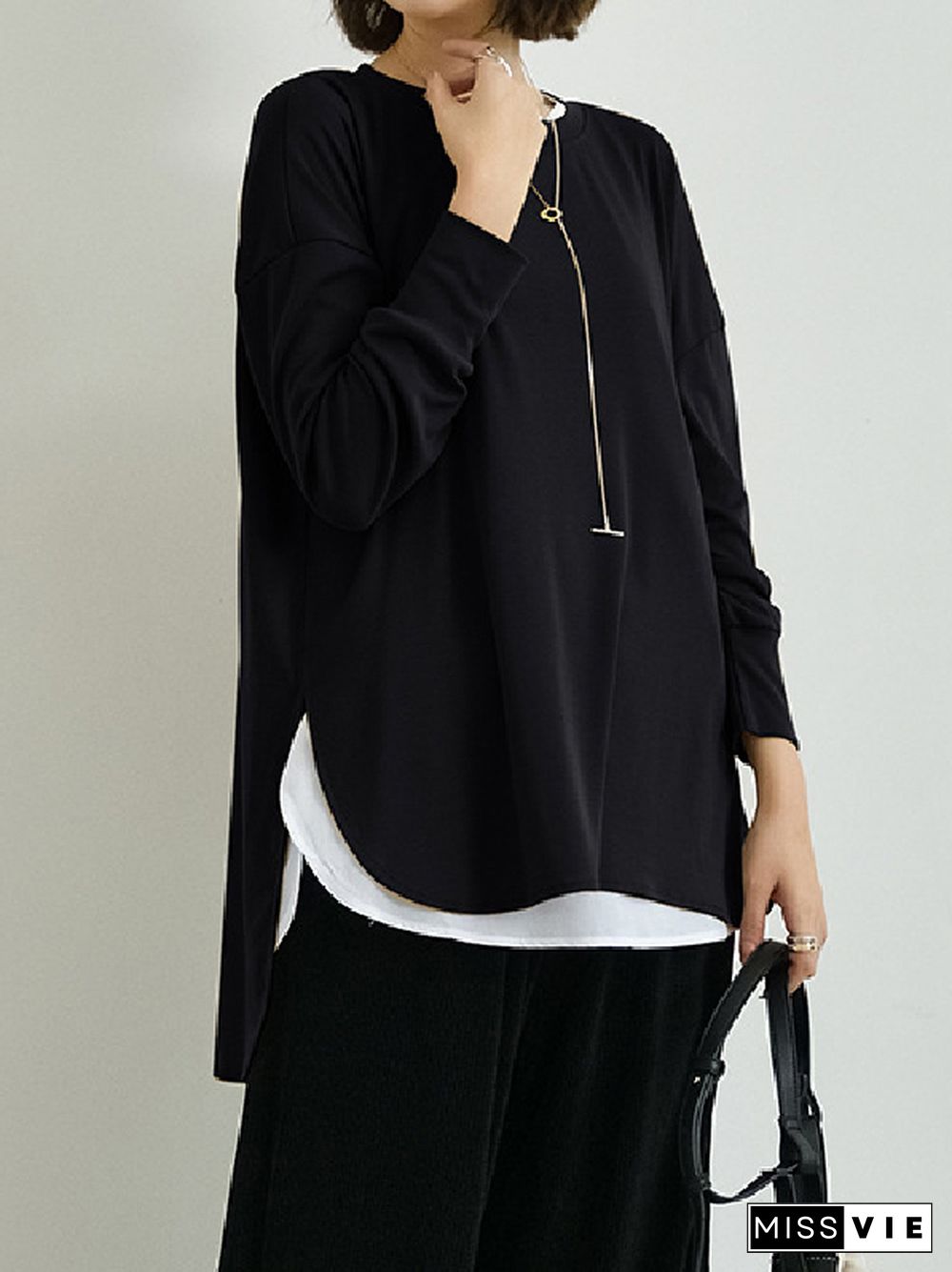 Simple Long Sleeves Loose Split-Side Solid Color Round-Neck T-Shirts Tops