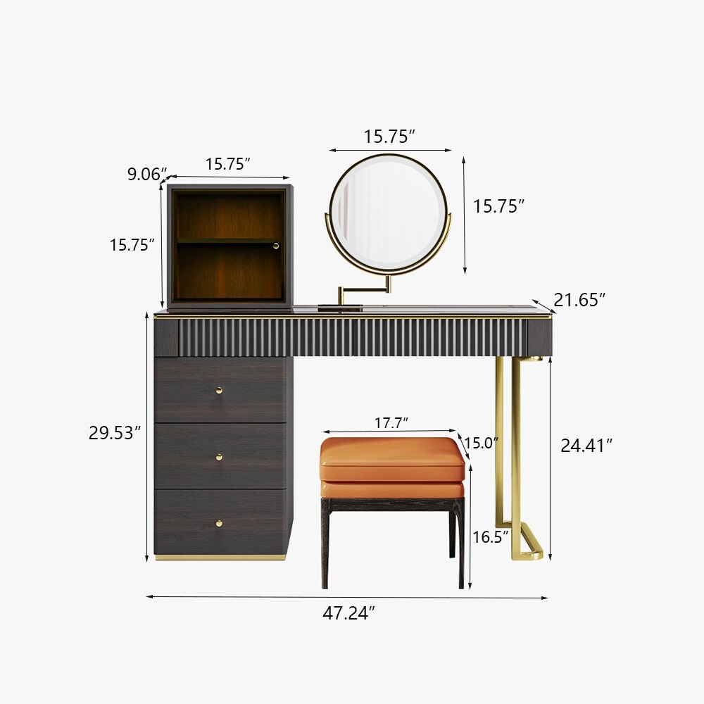 Modern Wood Makeup Vanity Table with LED Lighted Mirror  Dressing Table with PU Leather Stool  5 Drawers