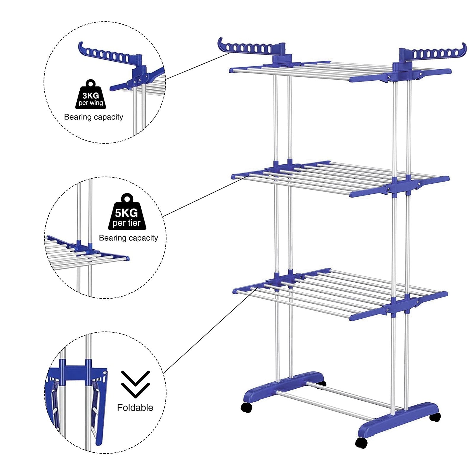 BIGLUFU Clothes Drying Rack，Large 4-Tier Foldable Drying Rack Clothing(70.8H x 19.7W x 30L Inches), Movable Drying Rack with 4 castors. Multifunctional Stainless Steel Laundry Drying Rack, Blue