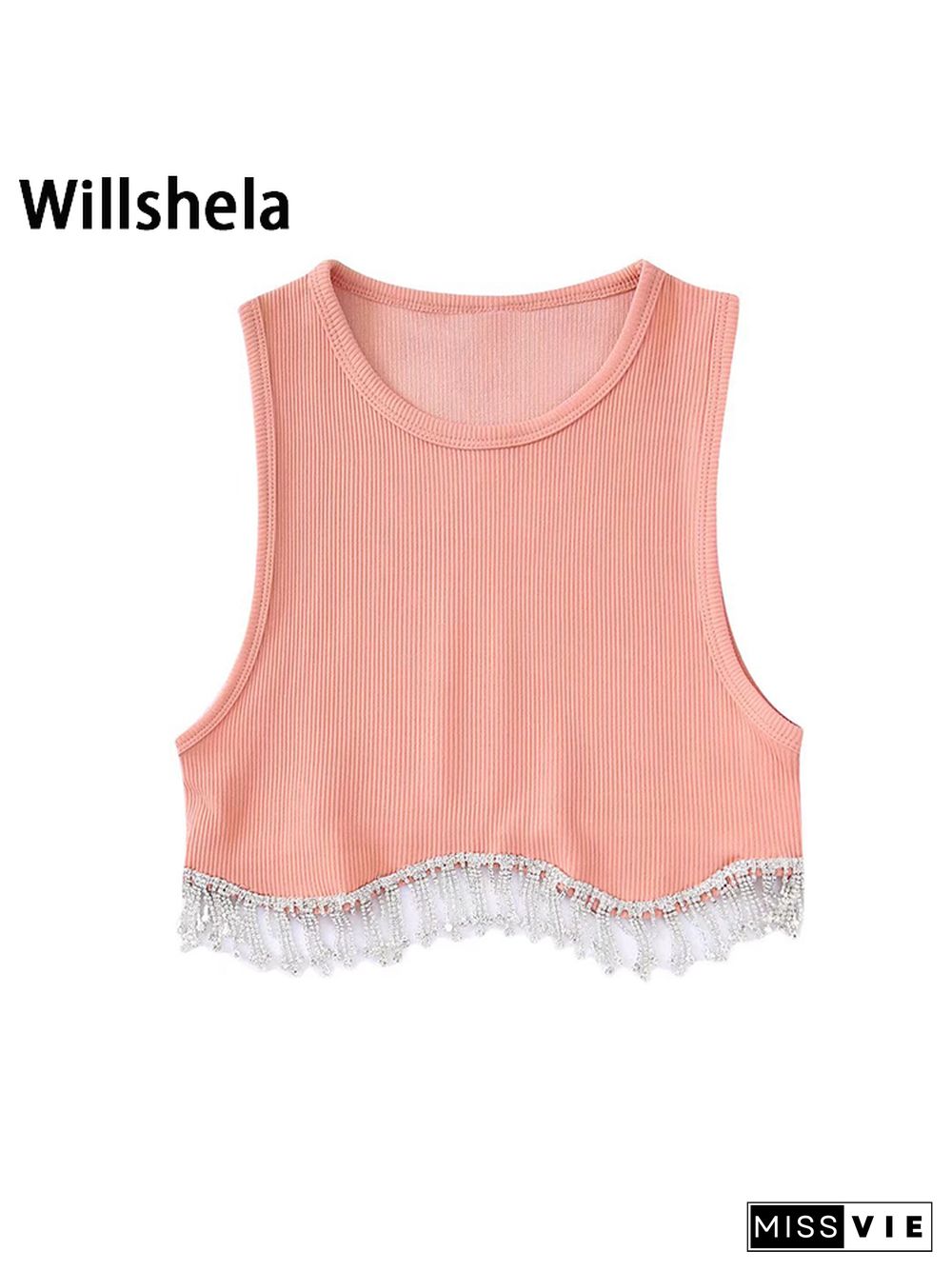 Women Fashion Camis With Beading Hem Cropped Sleeveless Vest Vintage O Neck Female Chic Lady Crop Tank Tops