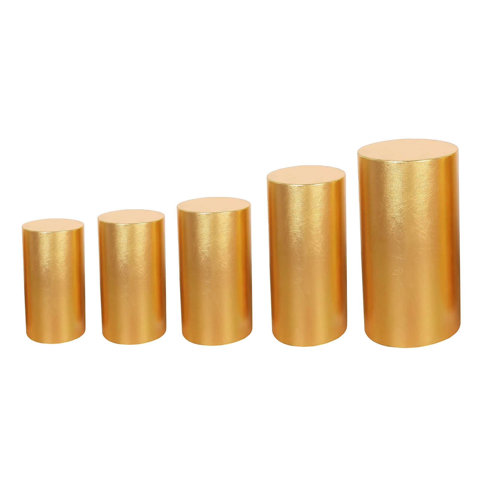 Set of 5 Metallic Gold Spandex Cylinder Pillar Prop Covers, Shiny Stretchable Pedestal Stand Covers - 130 GSM