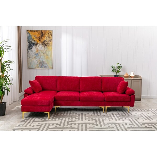 4-pieces European Style Polyester Sectional Sofa with Iron Feet， Removable Cushions， Ottoman Included