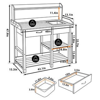 VEIKOUS 47.9 in. H x 42.1 in. W x 15.3 in. D Dark Grey Wooden Garden Potting Bench Table with Removable Stainless Sink  Drawer PG0103-02GY-2