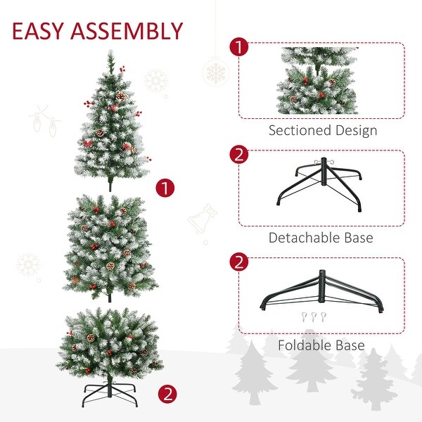 PreLit SnowDusted Artificial Christmas Tree with Realistic Branches，LED Lights，Pine Cones，Red Berries