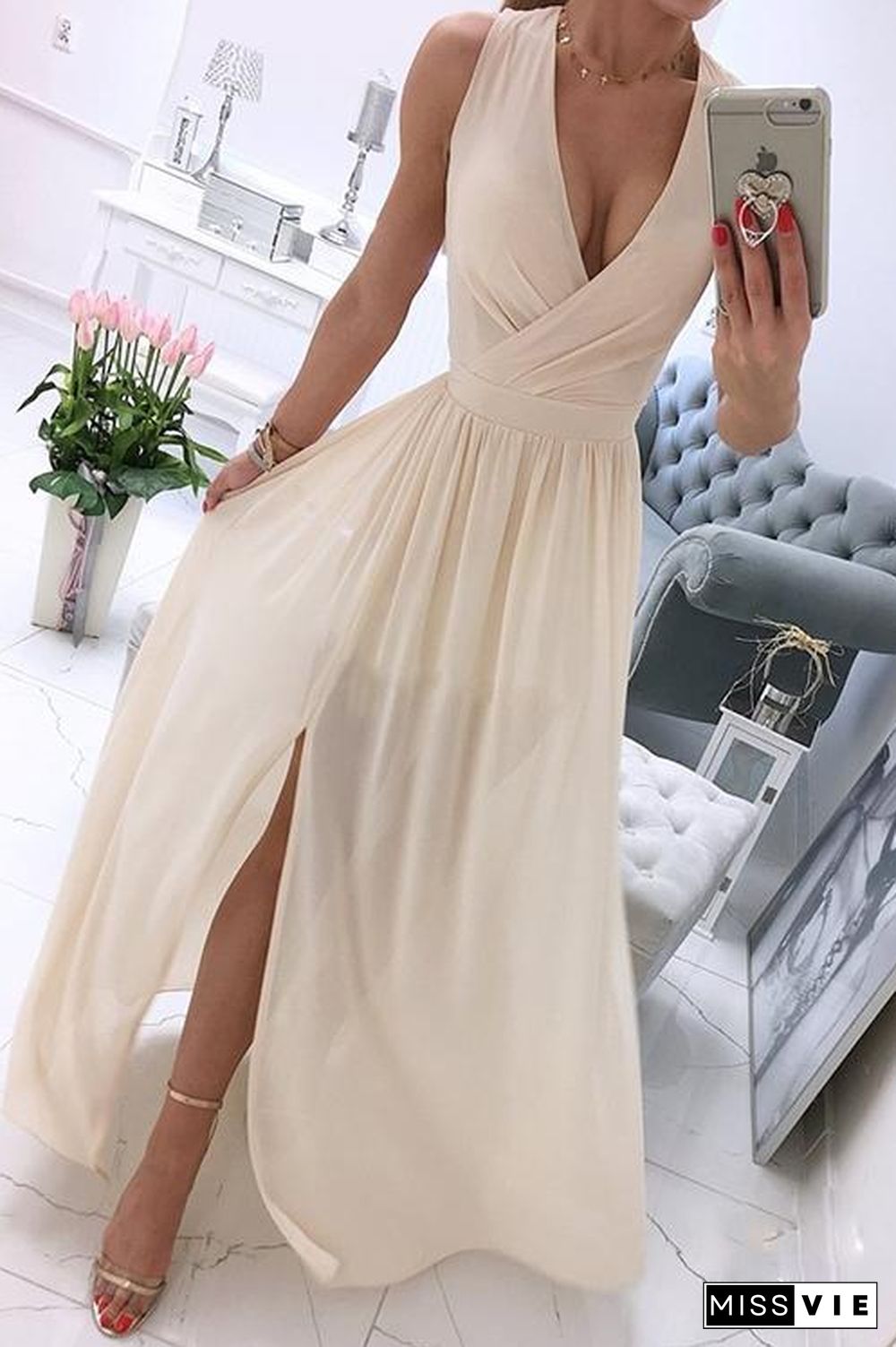 Deep V Neck Slit Maxi Dress