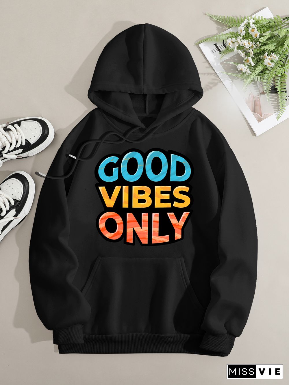 Printed on front Kangaroo Pocket Hoodie Long Sleeve for Women Pattern good vibes only