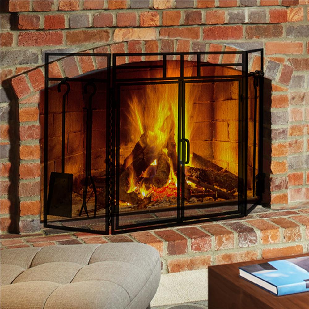 Easyfashion Foldable Fireplace Screen Tools Set Large Mesh Spark Guard Gate， Black