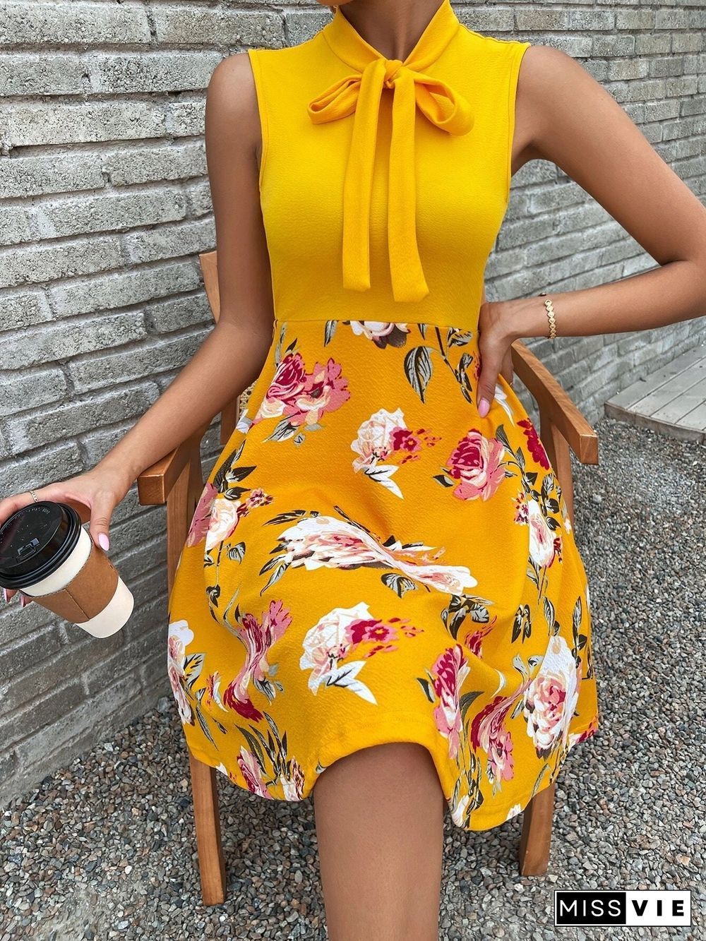 Floral Sleeveless Neck Tie Mini Dress