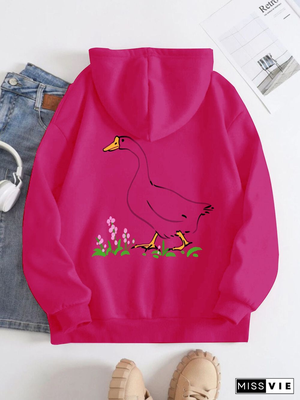 Printed on the Back Kangaroo Pocket Hoodie Long Sleeve for Women Pattern Goose