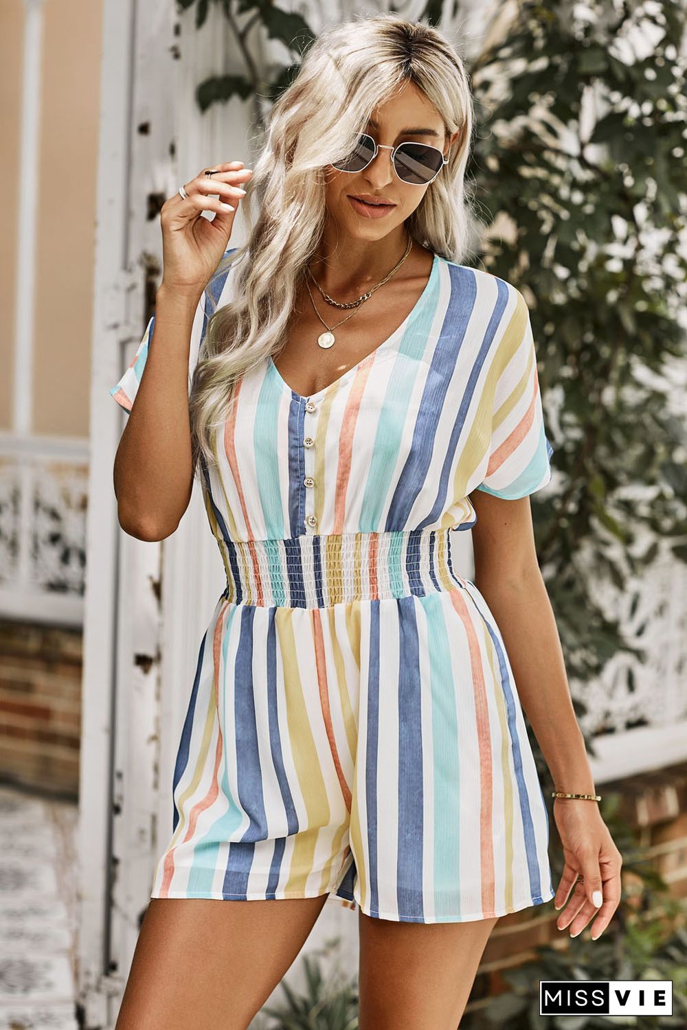 Striped Print V-neck Button Romper