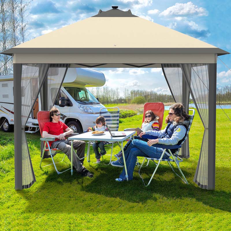 11 x 11 FT Pop-Up Gazebo Tent Portable Canopy Shelter with Carry Bag & Mesh Netting & LED Lights