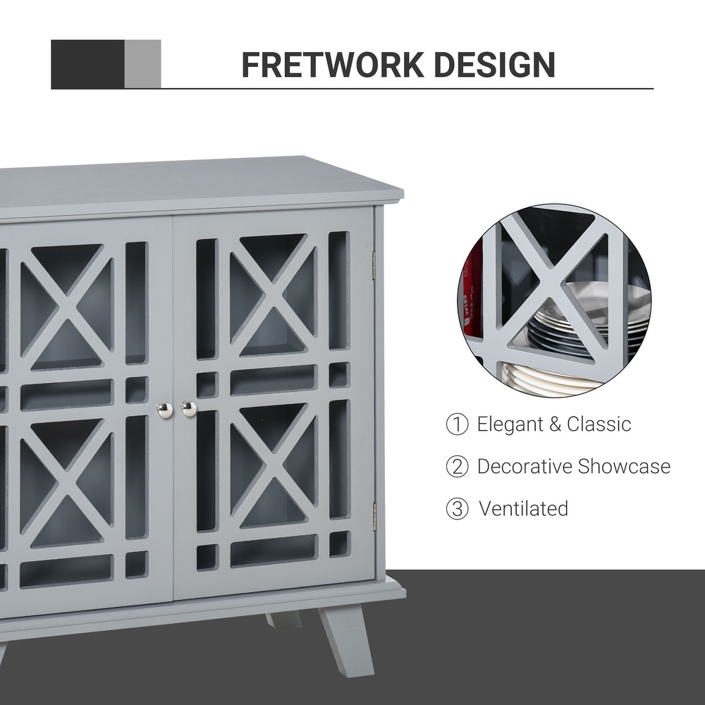 HOMCOM Accent Storage Cabinet Sideboard Serving Buffet Console with Fretwork Doors and Elevated Base  Grey   31\