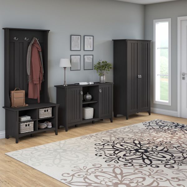 Bush Furniture Salinas Entryway Storage Set with Hall Tree， Shoe Bench and Accent Cabinets in Vintage Black