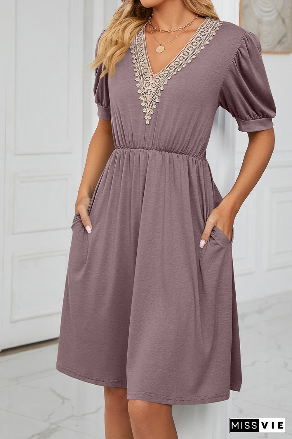 V Neck Lace Edge Pockets T-Shirt Dress