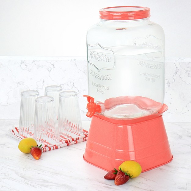 Gibson Home Chiara 2 Gallon Glass Mason Jar Dispenser With Metal Lid And Base In Red