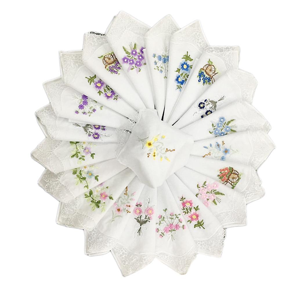 12set Cotton Floral Handkerchiefs Embroidered  Hankie Kerchiefs Towel