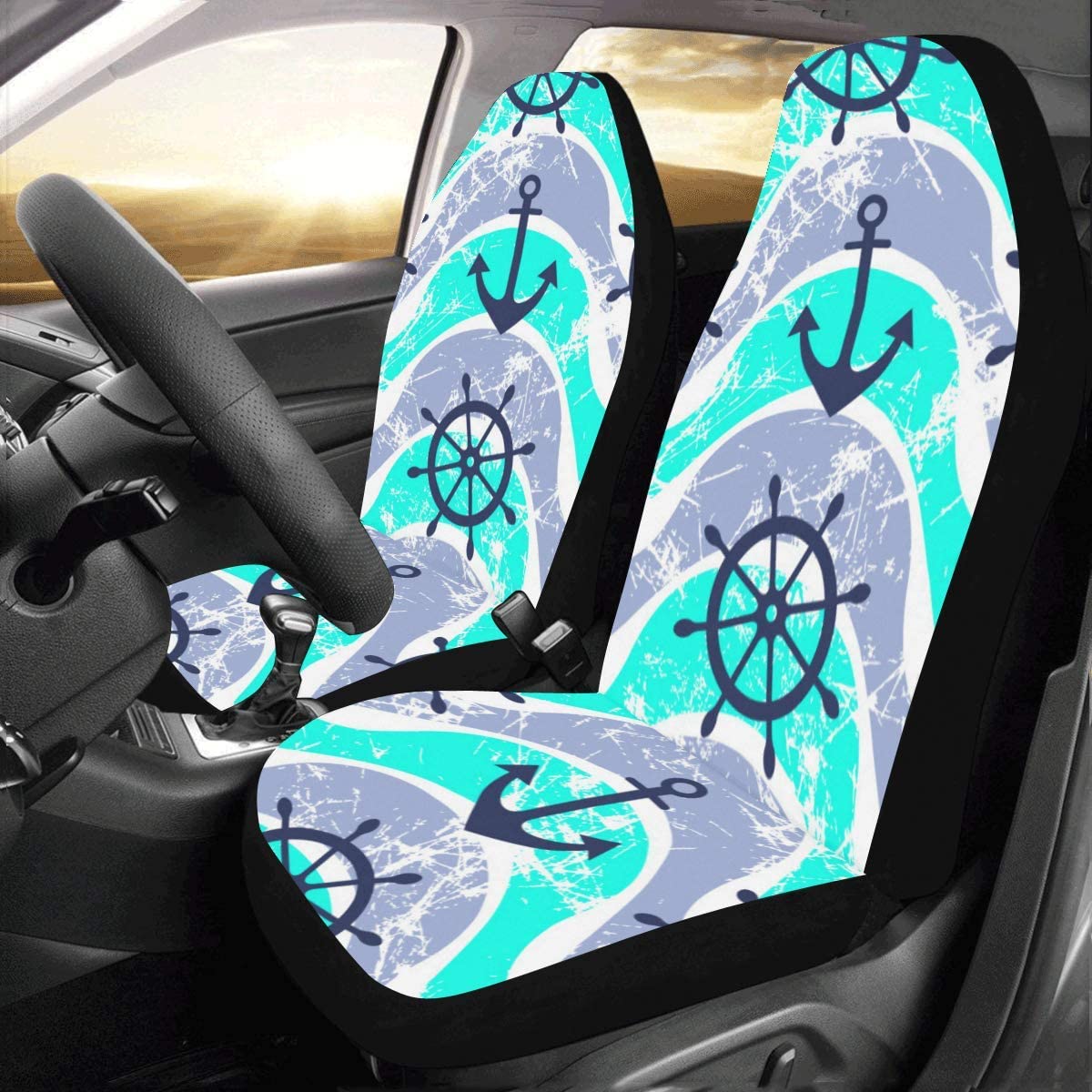 KXMDXA Set of 2 Car Seat Covers Nautical Theme Anchor and Rudder Universal Auto Front Seats Protector Fits for Car，SUV Sedan，Truck