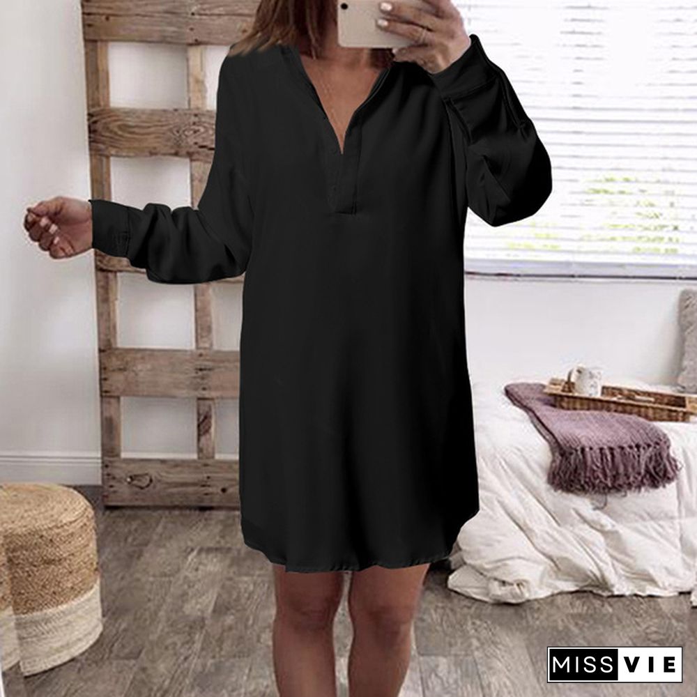 Women Casual Loose Mini Shirt Dress Long Sleeve Lapel Button Up Elegant Office Party Short Dress Plus Size