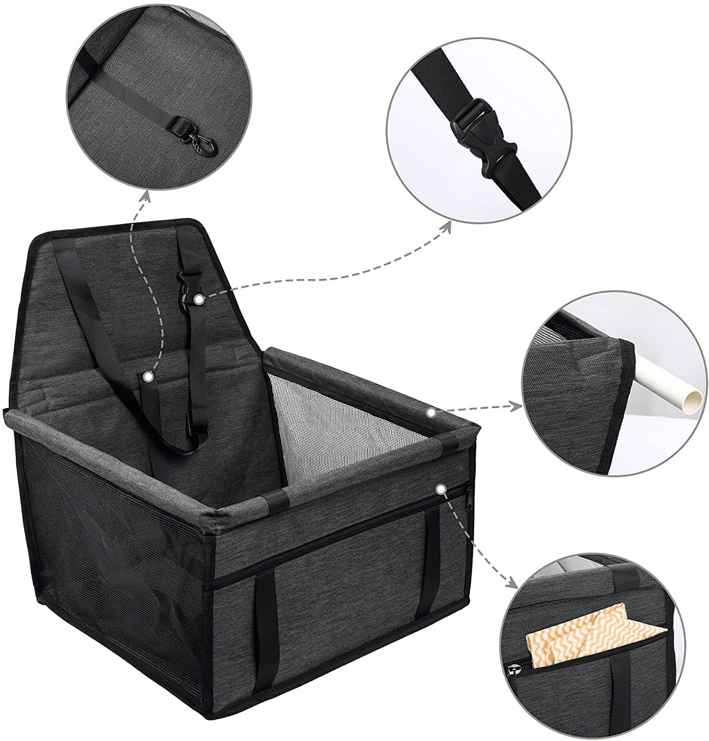 Wodondog Pet Car Seat Booster for Dogs Travel Car Carrier Basket with Clip-on Safety Leash Dog Car Seat Black