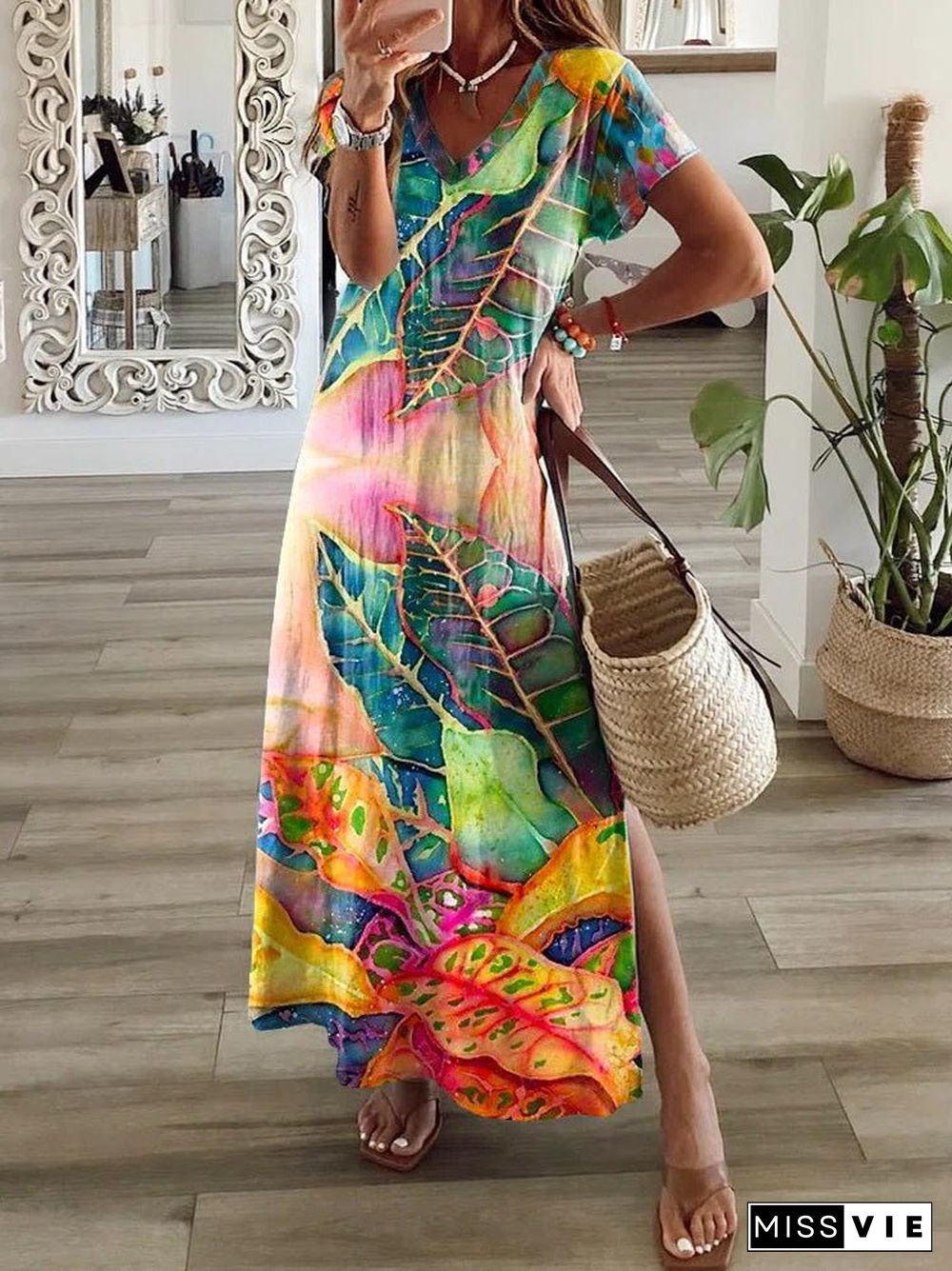 Women'S Dresses Multicolor Leaf V-Neck Short Sleeve Slit Dress