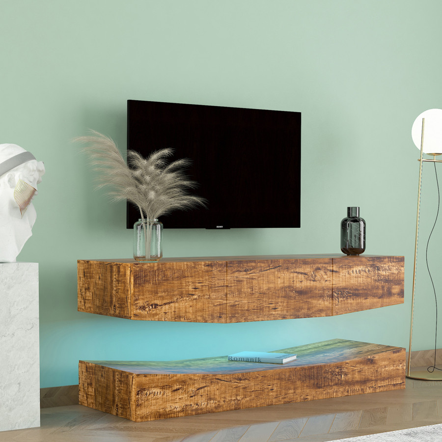 Wall Mounted Walnut TV Cabinet With Three Drawers and LED Lights   Rustic   Entertainment Centers And Tv Stands   by Miron Demid LLC  Houzz