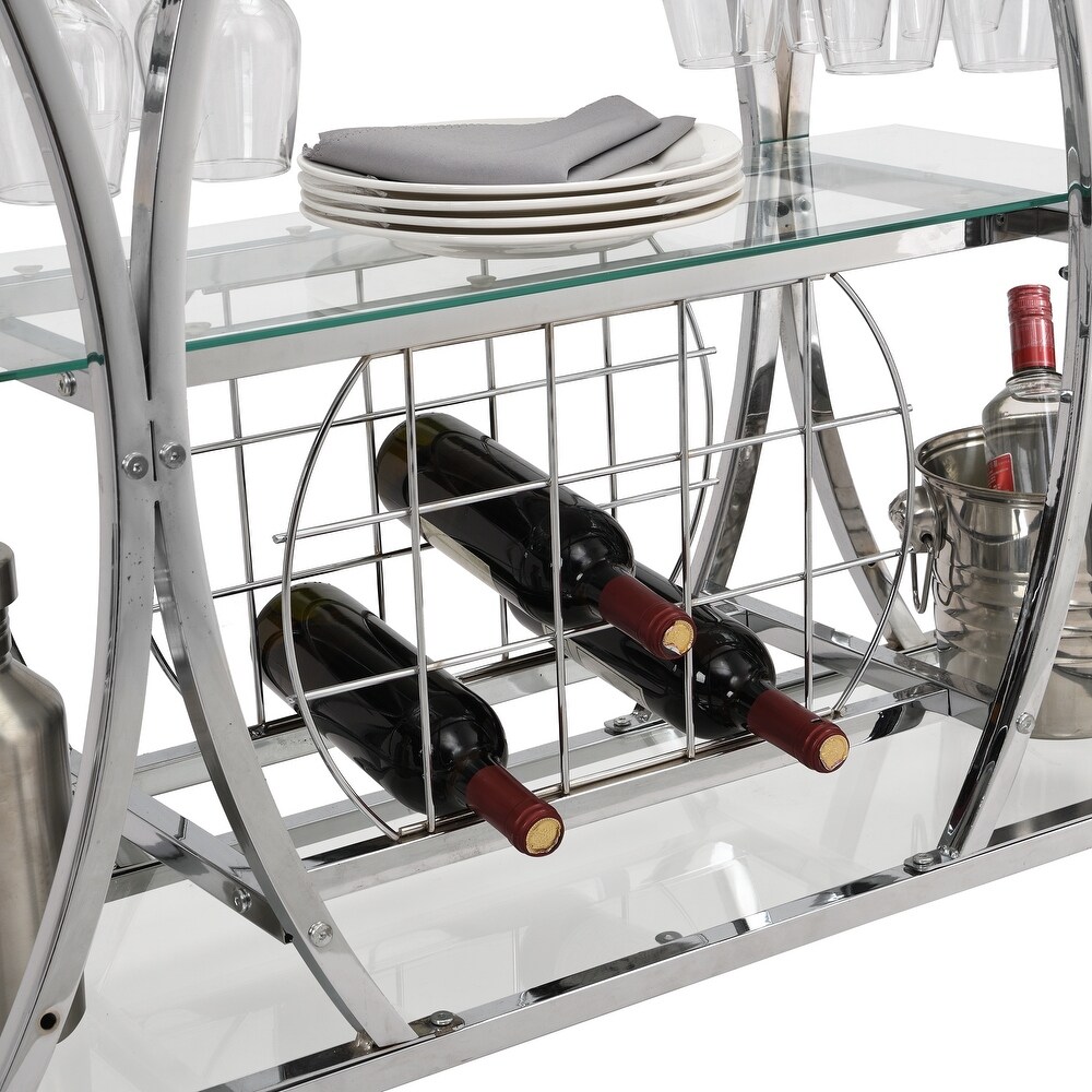 Contemporary Chrome Bar Cart with Wine Rack Silver