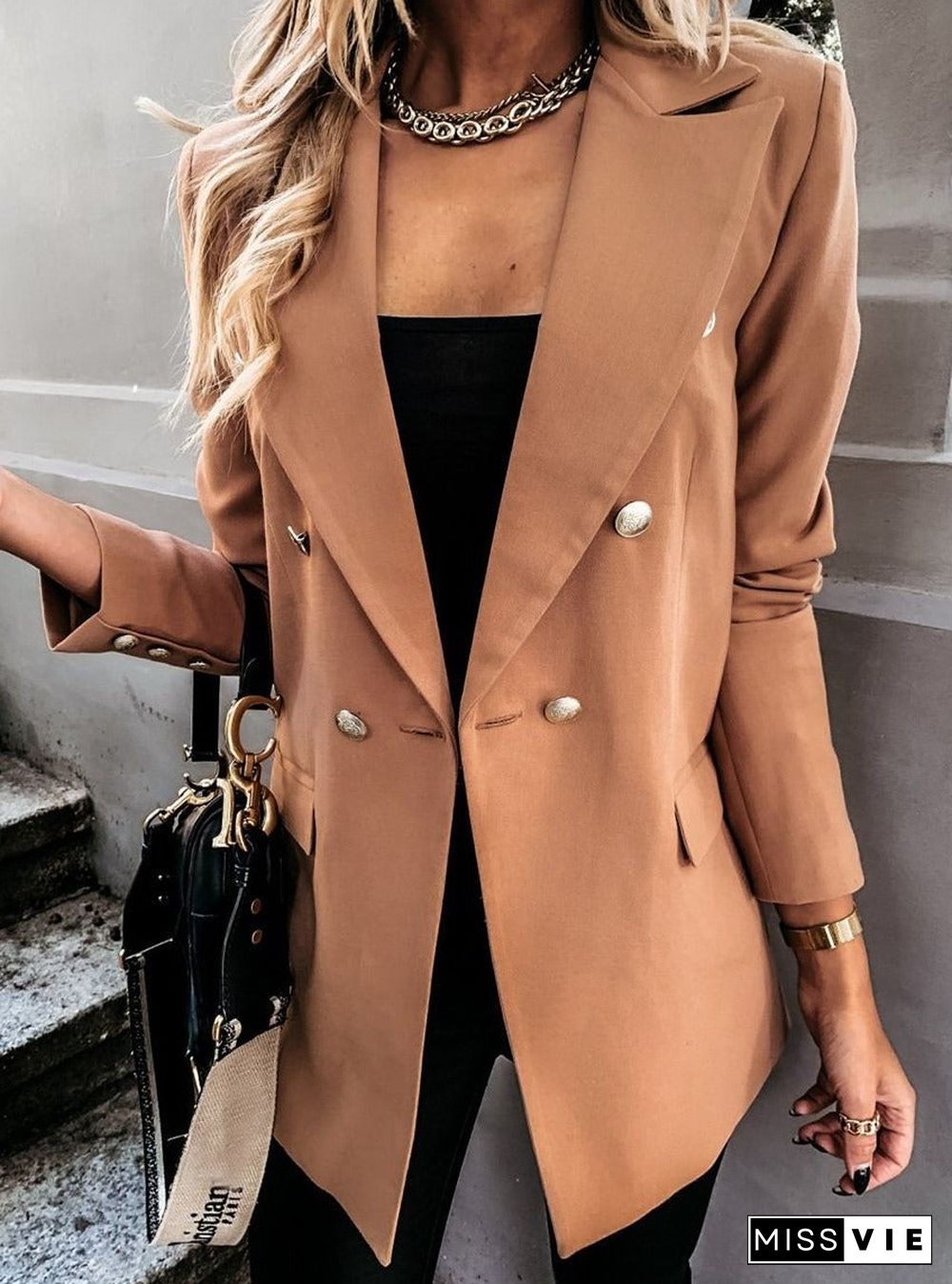 Women's New Solid Color Long-sleeved Double-breasted Suit Jacket