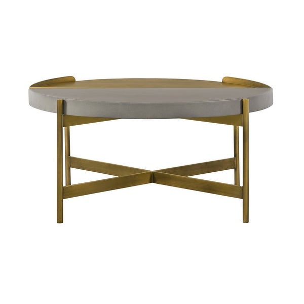 Concrete Coffee Table with X shape Base， Gray and Gold