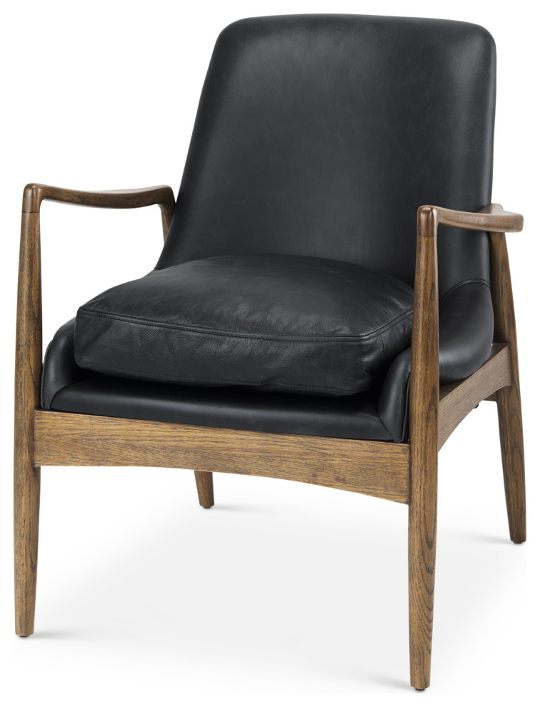 Westan Black Genuine Leather w/ Medium Brown Solid Wood Frame Accent Chair   Midcentury   Armchairs And Accent Chairs   by Mercana  Houzz